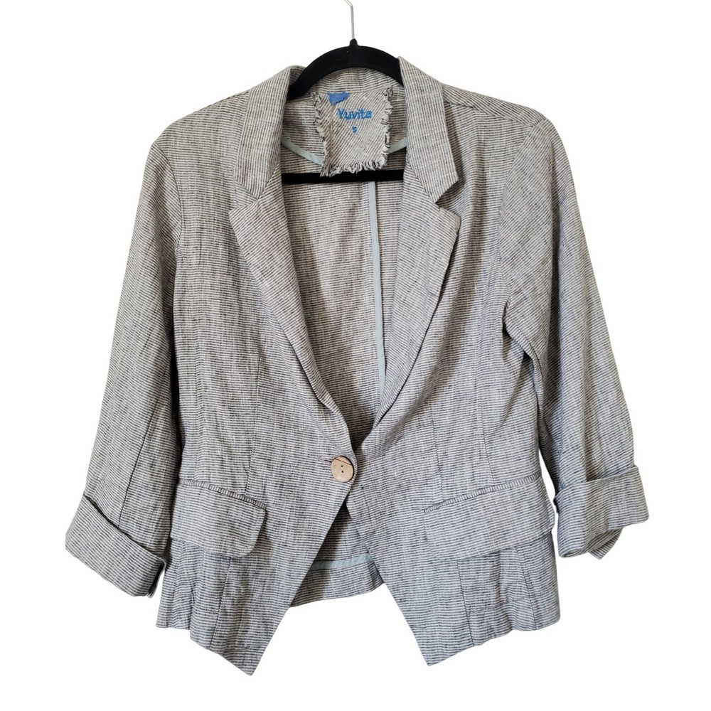 Yuvita 100%‎ Linen Striped Blazer Jacket Womens Small Cropped